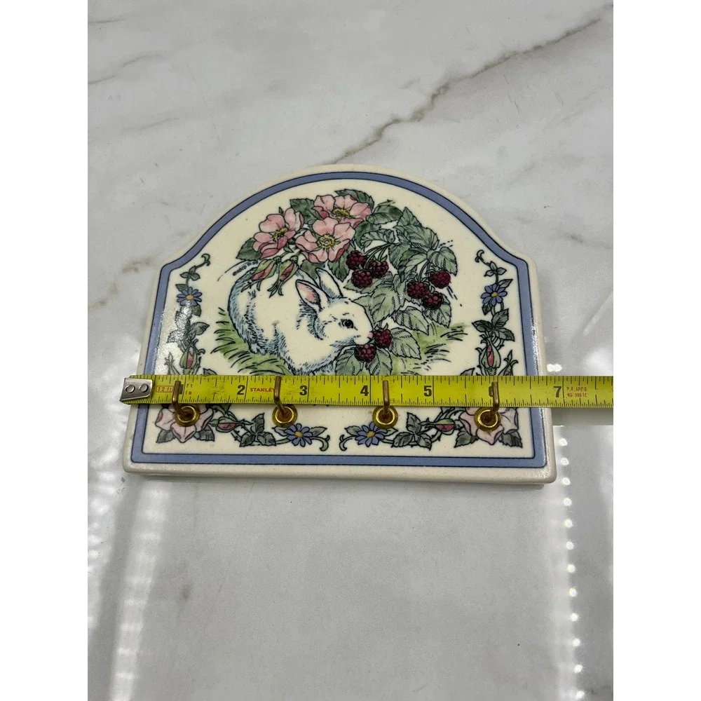 Vintage Ceramic Rabbit Key Rack Wall Hanging Blackberry Floral Bunny Plaque